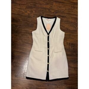 bebop Tweed V Neck Button Front Knee Length Dress White Black L